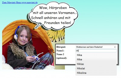 Persönlicher können Kindergeschichten kaum sein: Einfach aus 3000 Vornamen wählen und die fertige Hörbuch-Demo in Social Communitys teilen