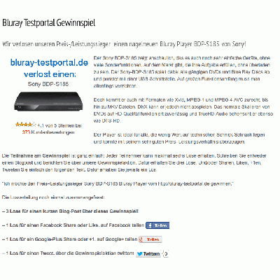 Das Bluray-Testportal verlost einen Sony BDP-S185 Bluray Player