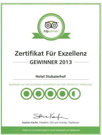 4 Sterne Hotel Stubaierhof in Neustift im Stubaital erhält Tripadvisor Zertifikat für Exzellenz 2013