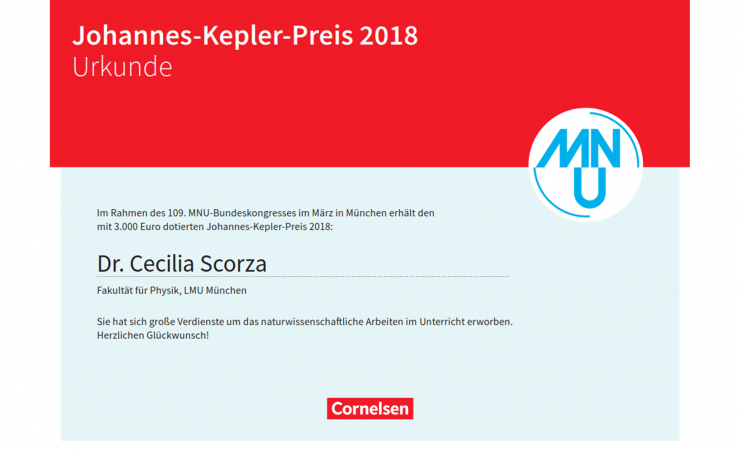 Cecilia Scorza aus Bayern erhält den Johannes-Kepler-Preis vom MNU und Cornelsen Verlag