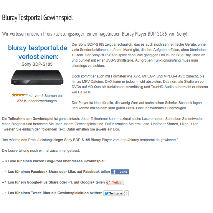 Das Bluray-Testportal verlost einen Sony BDP-S185 Bluray Player