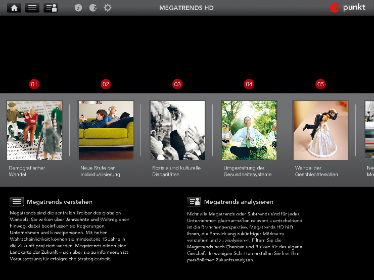 Megatrends HD  Neue App für Strategen und Zukunftsplaner. Z_punkt bringt die 20 wichtigsten Megatrends auf das iPad