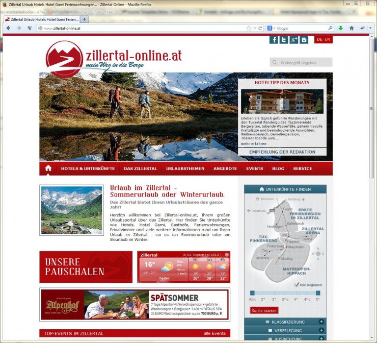 Neue Aufmachung für Urlaubsportal www.zillertal-online.at